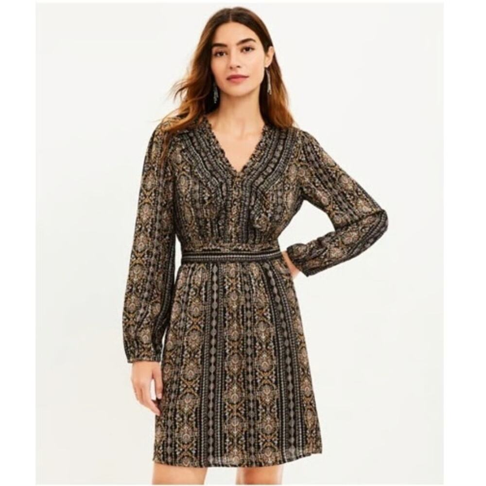 New LOFT  | 12 | Dress Metallic Print Holiday V Neck Ruffle Short Mini Womens